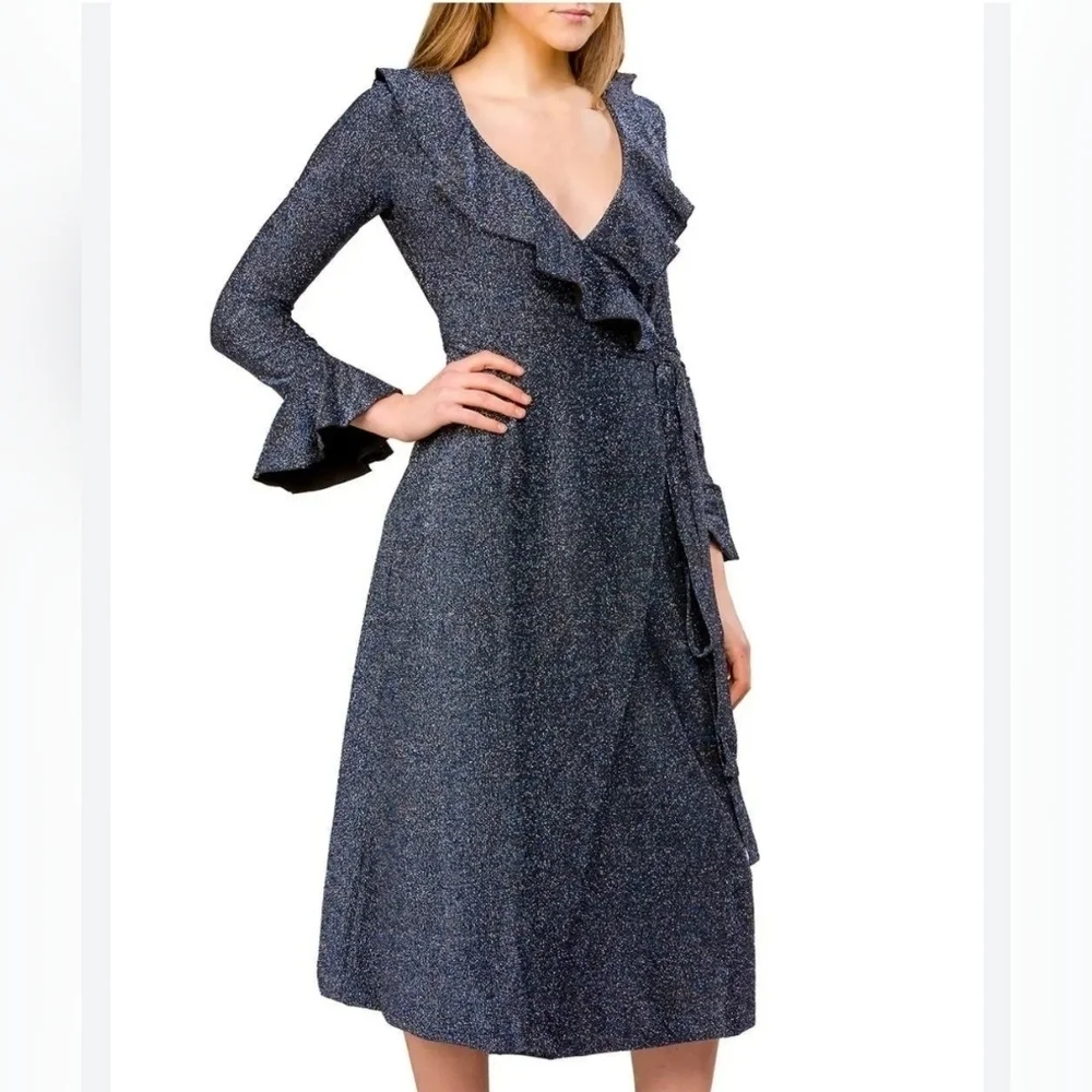 Free People One more time Blue Black Shimmer Ruffle Fluence‎ Midi wrap dress XS